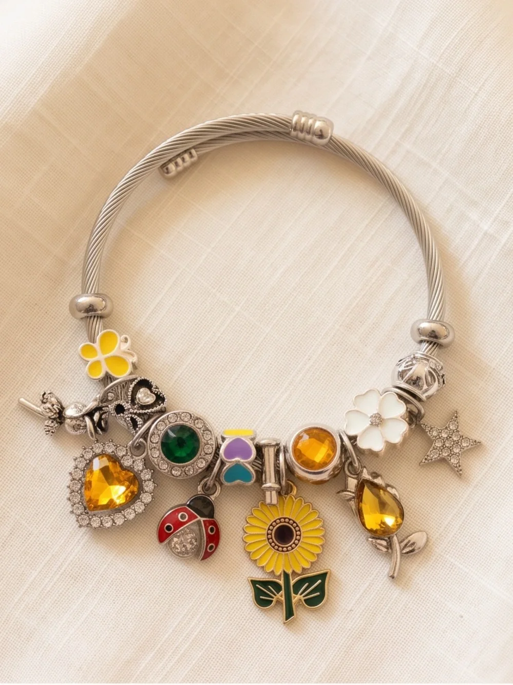 Silver Sunflower & Ladybug Garden Charm Bangle Bracelet (6